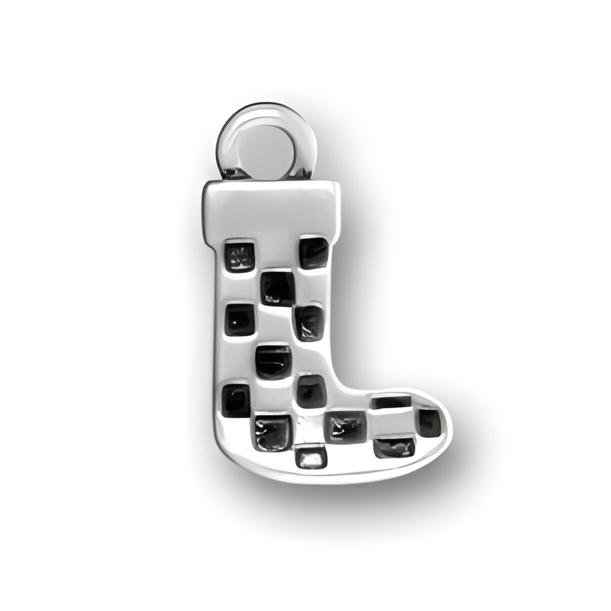 Sterling Silver Stocking Charm featuring a decorative design with cut-out squares and a loop for attachment.