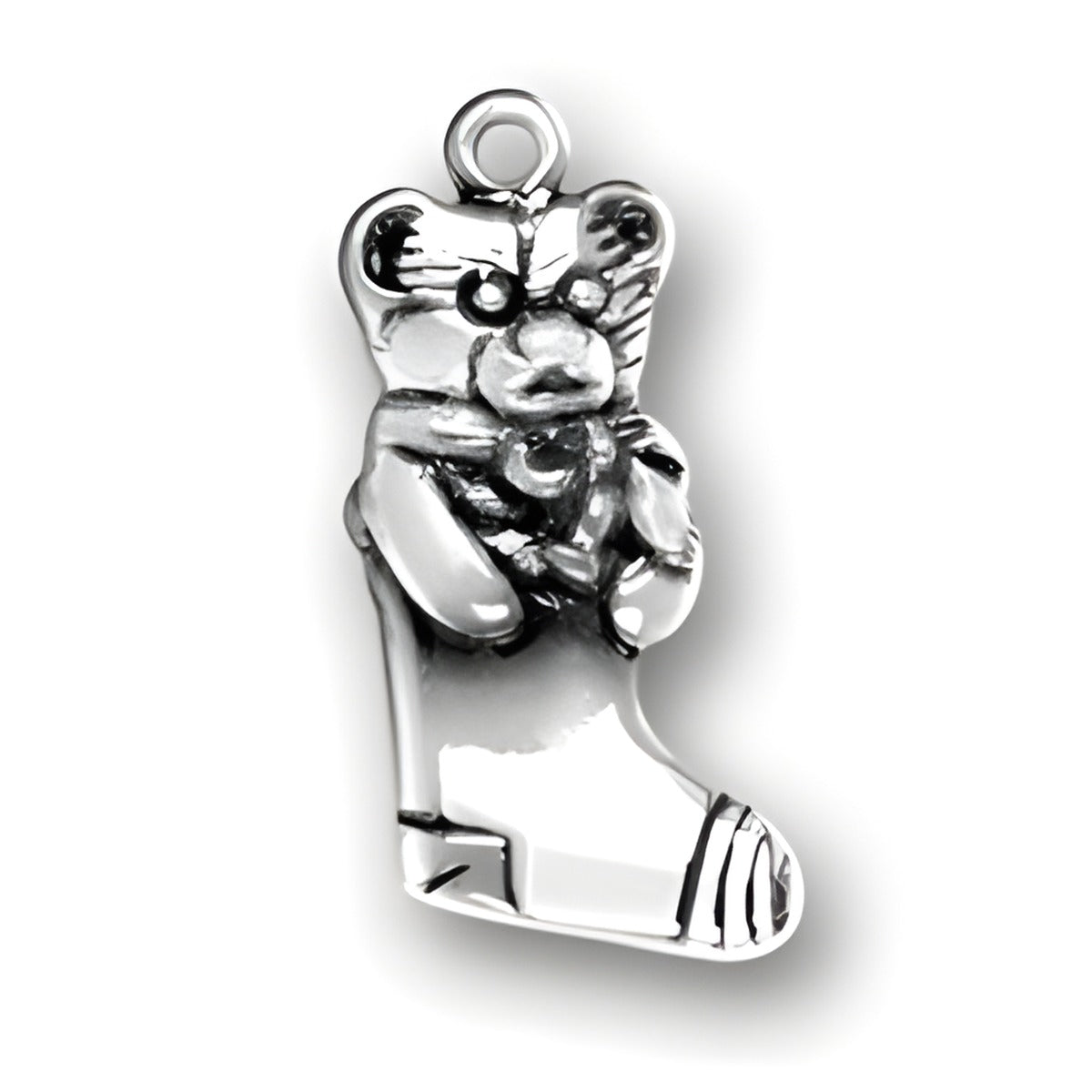 Sterling Silver Stocking with Teddy Bear Charm featuring a detailed teddy bear hugging a small heart.