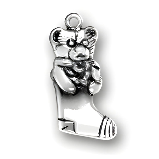 Sterling Silver Stocking with Teddy Bear Charm featuring a detailed teddy bear hugging a small heart.