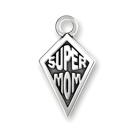 Sterling Silver Super Mom Charm featuring a diamond shape with the words 'SUPER MOM' engraved in bold letters.