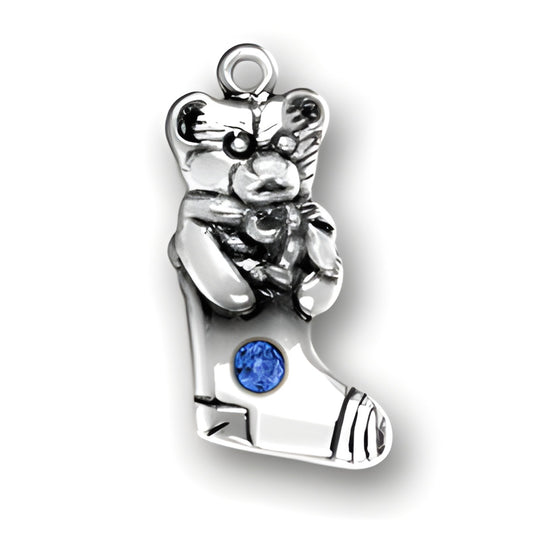 Sterling Silver Teddy Bear Stocking charm featuring a blue crystal accent, detailed bear design, and a hanging loop.