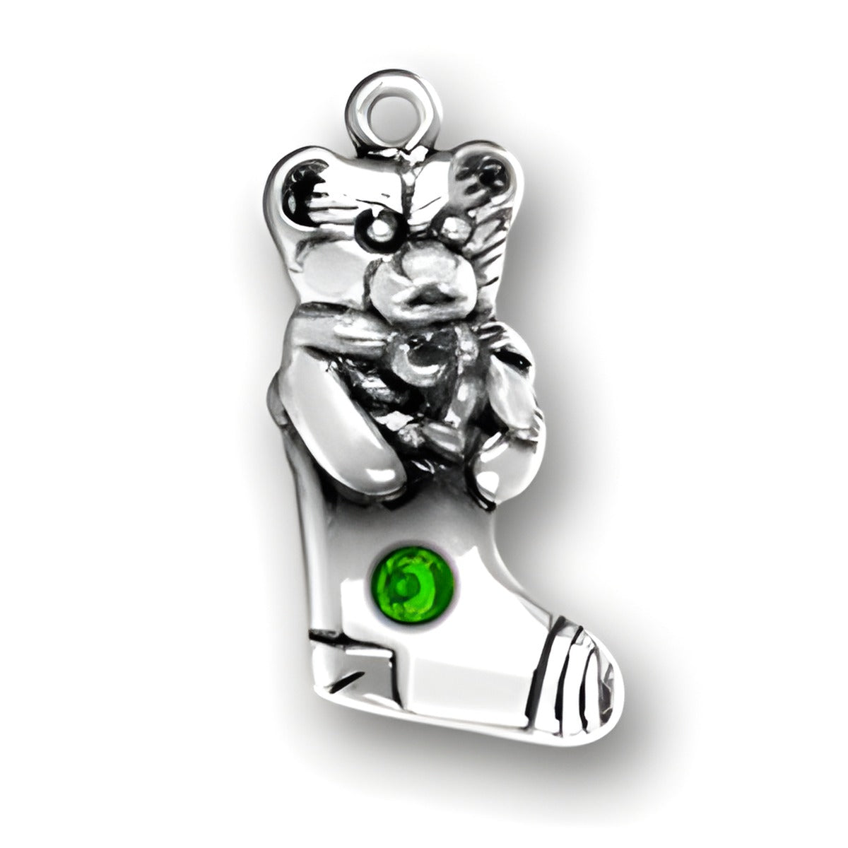 Sterling Silver Teddy Bear Stocking charm featuring a teddy bear holding a toy and a green crystal accent.