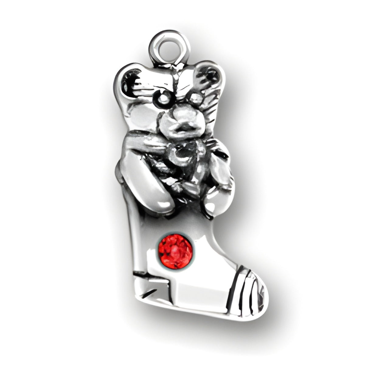 Sterling Silver Teddy Bear Stocking with Red Crystal Alt view.