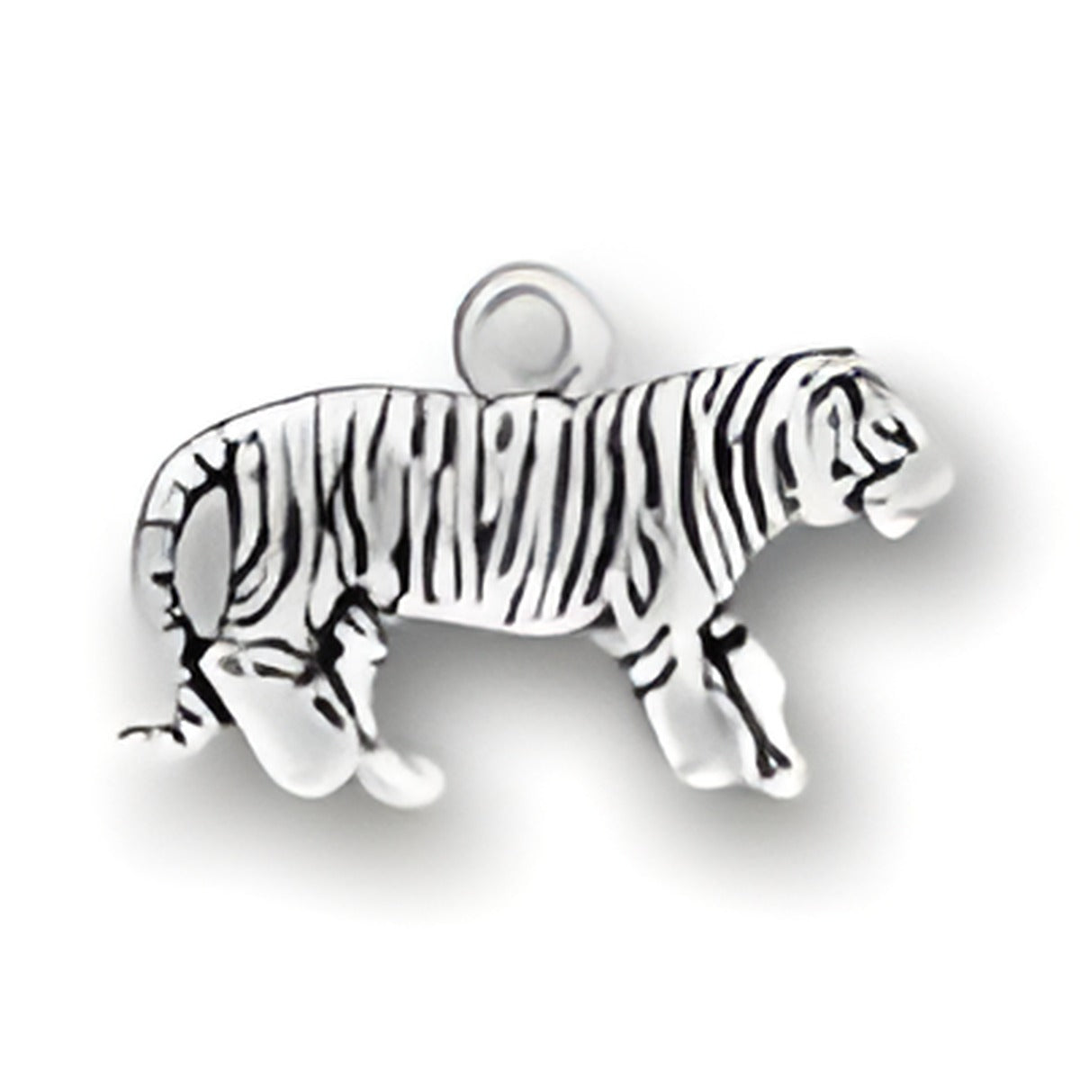Sterling Silver Tiger Charm featuring a detailed design of a tiger with distinct stripes and a loop for attachment.