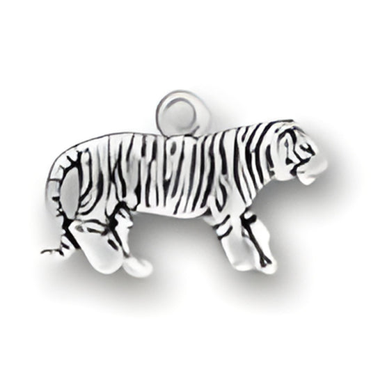Sterling Silver Tiger Charm featuring a detailed design of a tiger with distinct stripes and a loop for attachment.