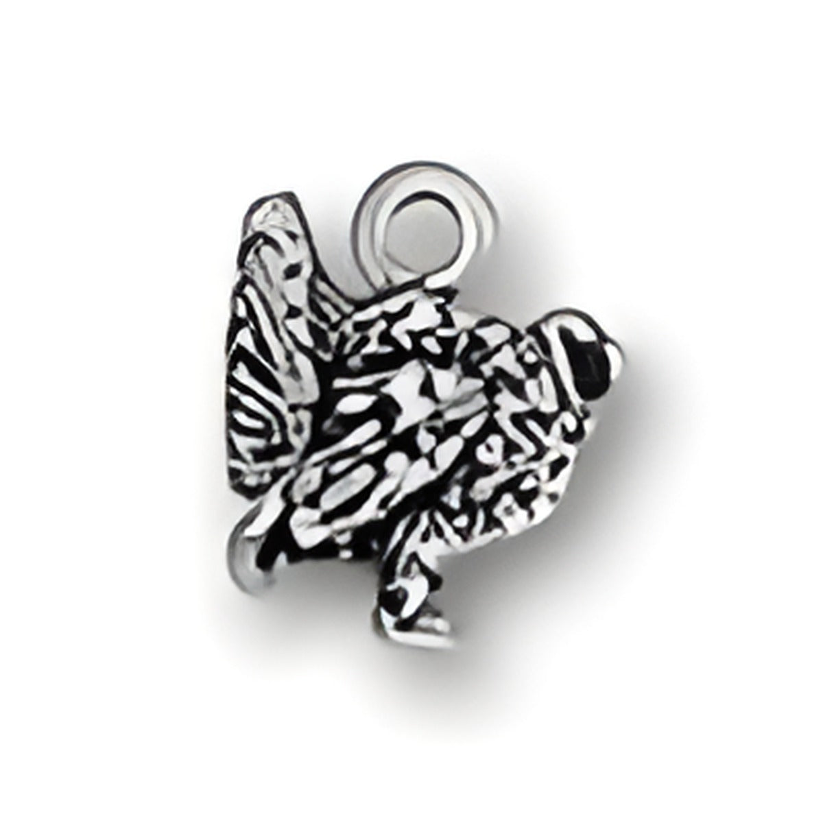Sterling Silver Turkey Charm featuring detailed feathers and a loop for attachment, ideal for charm bracelets. Alt view.
