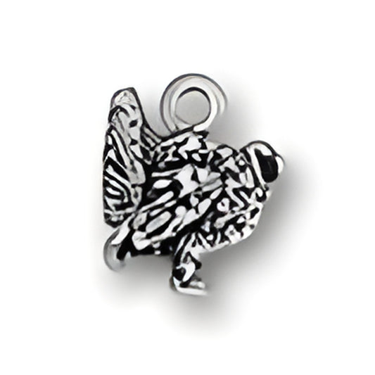 Sterling Silver Turkey Charm featuring detailed feathers and a loop for attachment, ideal for charm bracelets. Alt view.
