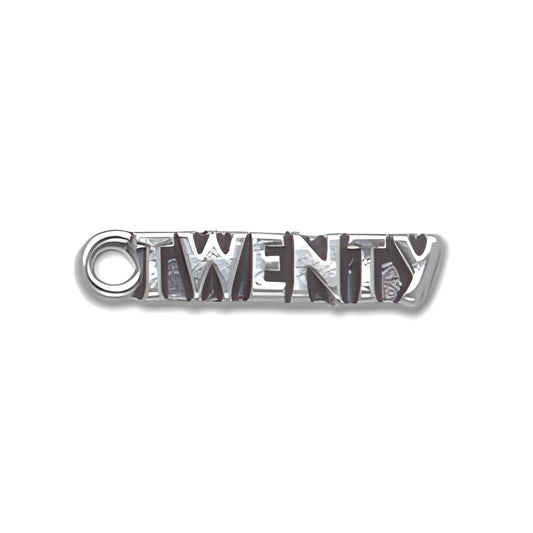 Sterling Silver Twenty Charm featuring the word 'TWENTY' in a bold, stylized font with a loop for attachment.