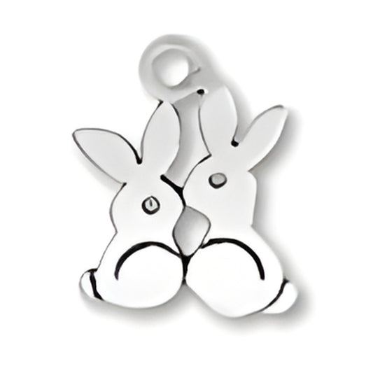 Sterling Silver Two Bunnies Charm featuring two stylized bunnies facing each other, detailed with minimalistic lines.