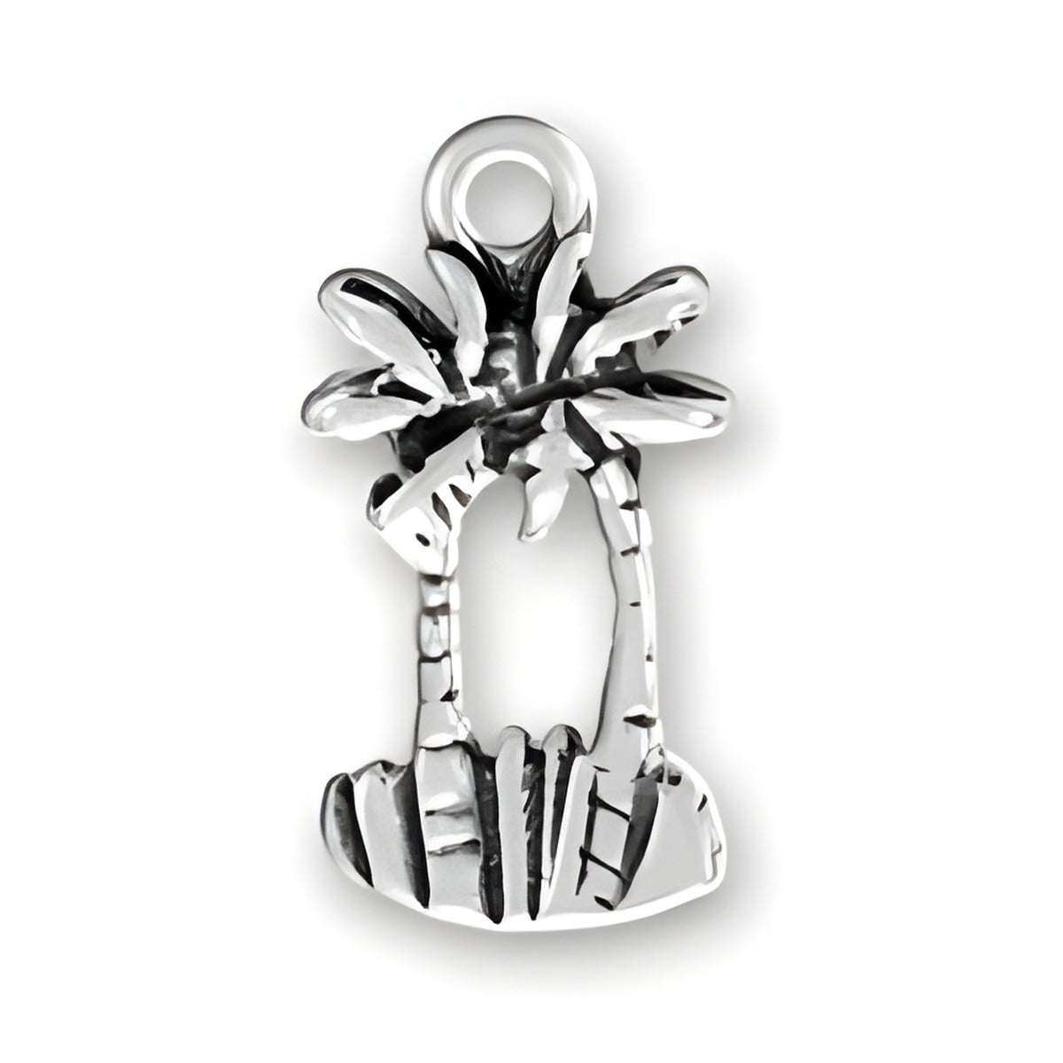Sterling Silver Two Palm Trees Charm featuring detailed palm fronds and trunks, ideal for charm bracelets.
