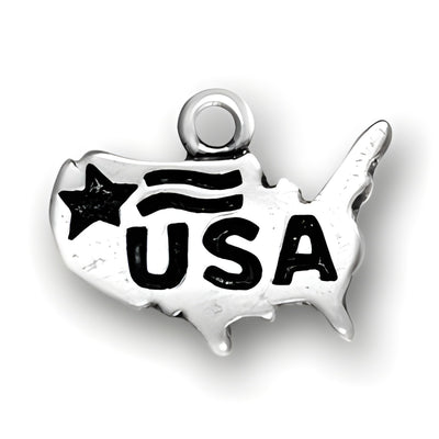 Sterling Silver United States Charm featuring the outline of the U.S. with 'USA' and a star design.