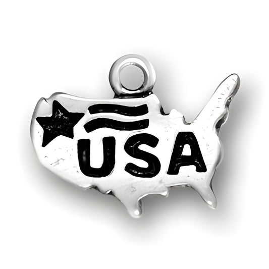 Sterling Silver United States Charm featuring the outline of the U.S. with 'USA' and a star design.
