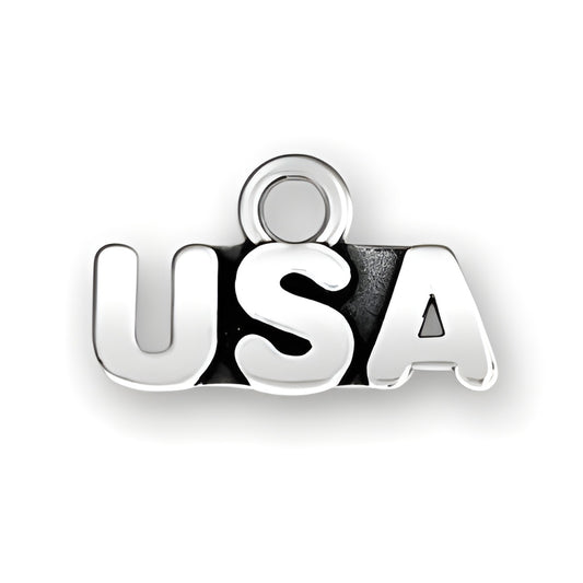 Sterling Silver USA Charm featuring bold, stylized letters spelling 'USA' with a loop for attachment.