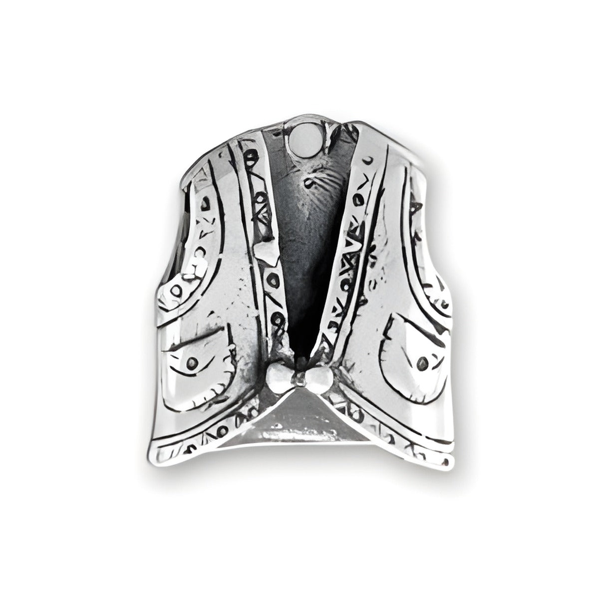 Sterling Silver Western Vest Charm featuring detailed engravings and a classic vest design with pockets.