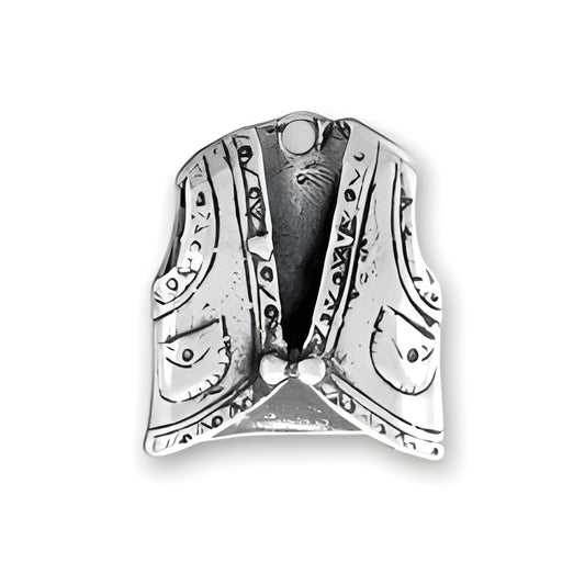 Sterling Silver Western Vest Charm featuring detailed engravings and a classic vest design with pockets.