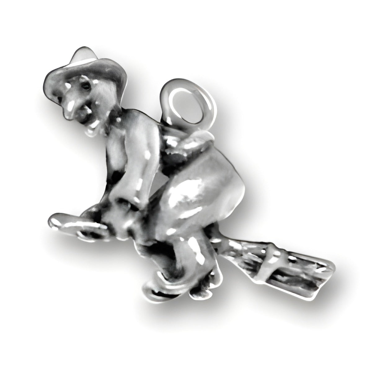 Sterling Silver Witch Charm featuring a whimsical witch riding a broomstick, detailed with a hat and playful expression.