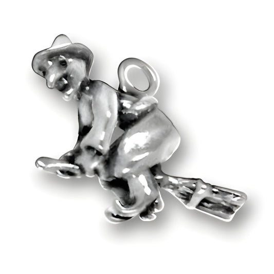 Sterling Silver Witch Charm featuring a whimsical witch riding a broomstick, detailed with a hat and playful expression.