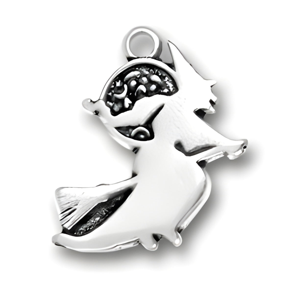 Sterling Silver Witch Charm featuring a detailed witch silhouette with a pointed hat and flowing robe.
