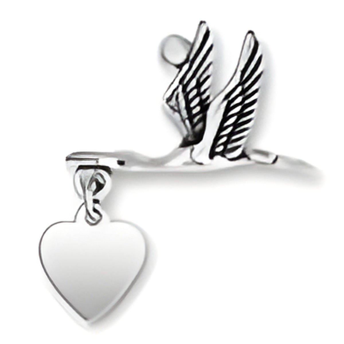 Stork charm with heart pendant, made of sterling silver, featuring detailed wings and a smooth heart charm.