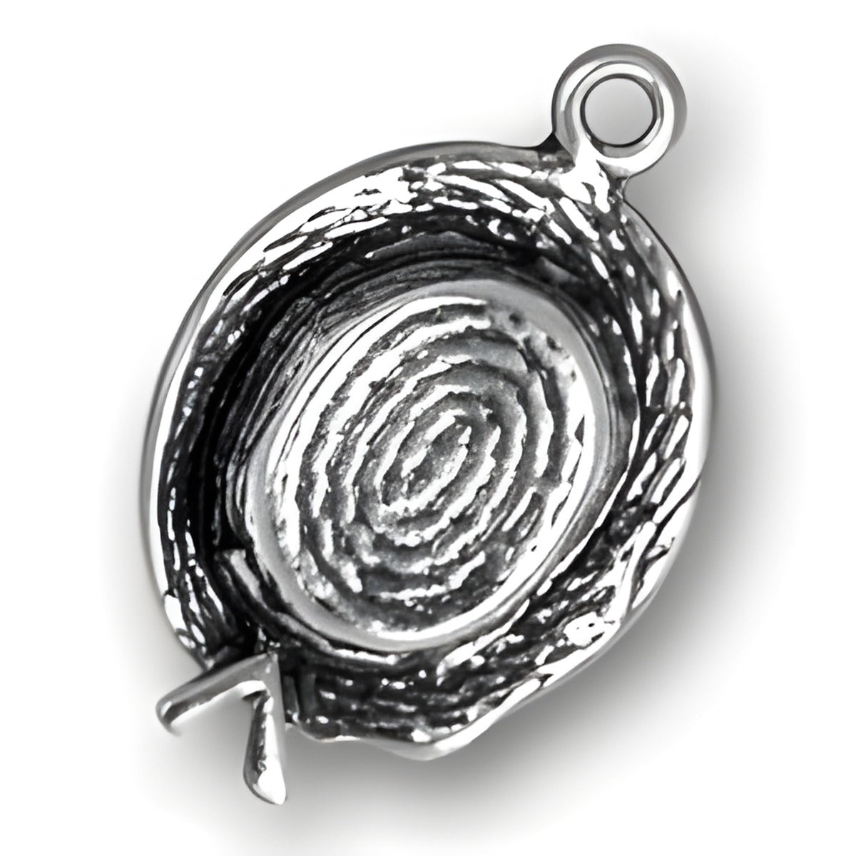 Charm Factory Straw Hat Charm made of silver, featuring intricate detailing and a loop for attachment.
