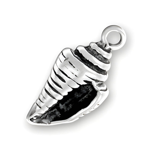 Charm Factory Striped Conch Shell Charm made of sterling silver, featuring detailed stripes and an open shell design.