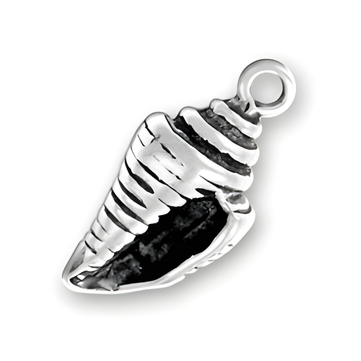 Charm Factory Striped Conch Shell Charm made of sterling silver, featuring detailed stripes and an open shell design.