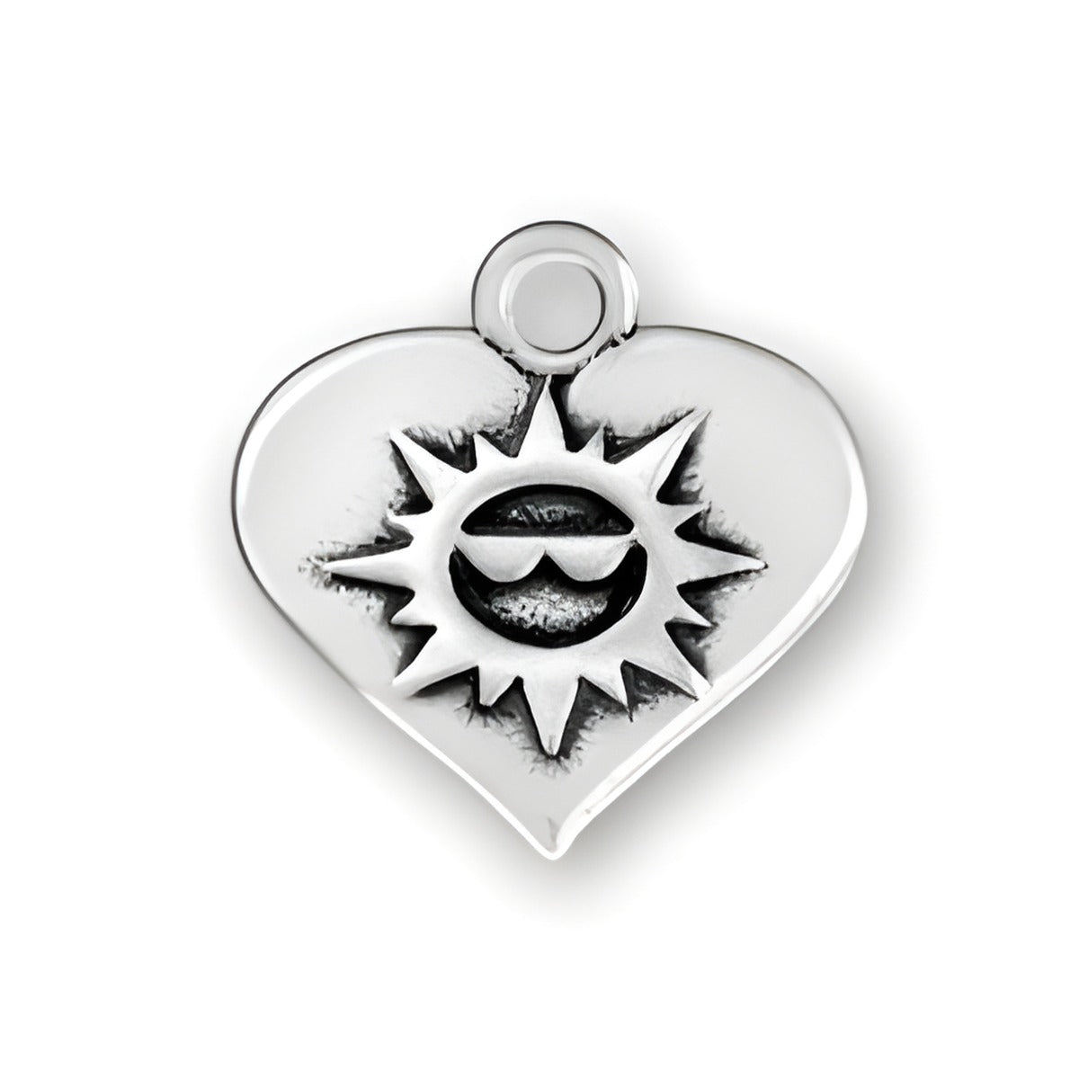 Sun on Heart Charm made of sterling silver, featuring a heart shape with a sun design in the center.