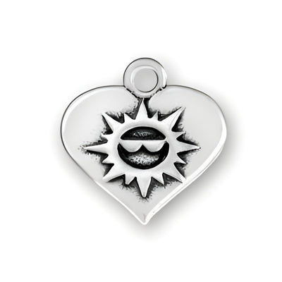 Sun on Heart Charm made of sterling silver, featuring a heart shape with a sun design in the center.