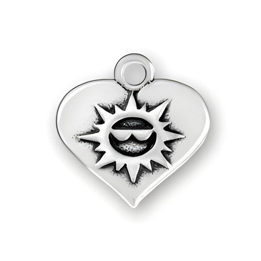 Sun on Heart Charm made of sterling silver, featuring a heart shape with a sun design in the center.