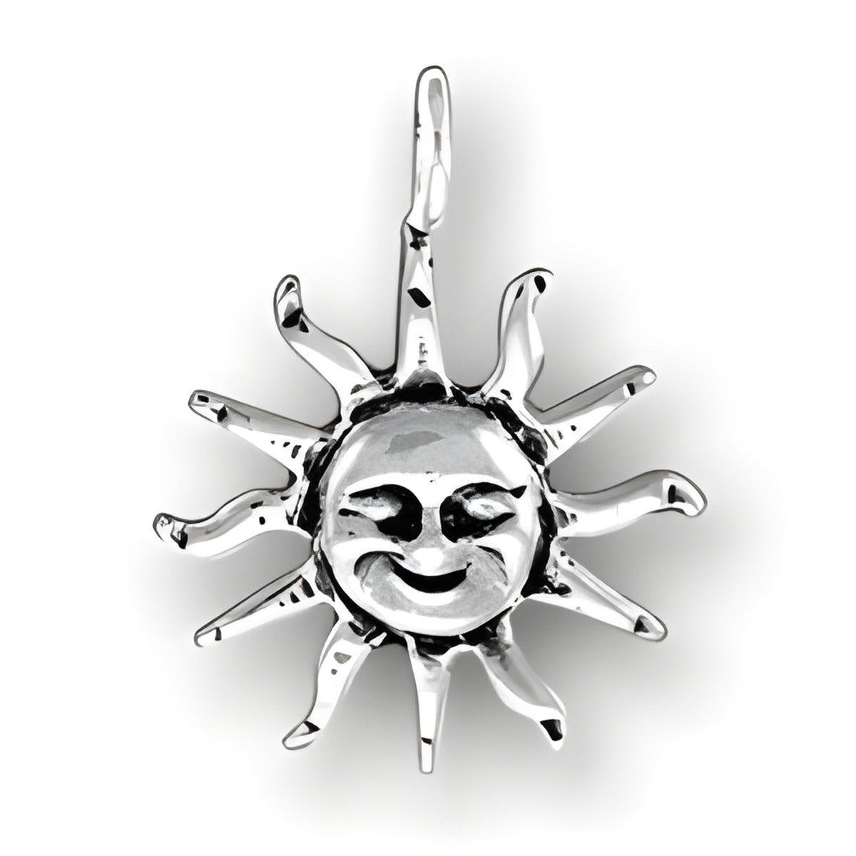 Sun with Face Charm, made of sterling silver, featuring a smiling sun design with rays extending outward.