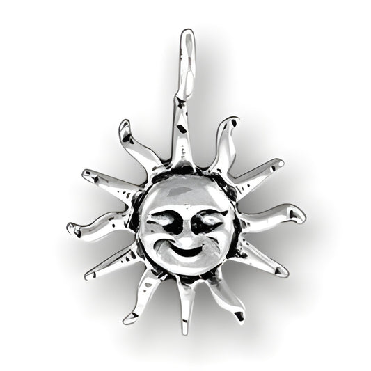 Sun with Face Charm, made of sterling silver, featuring a smiling sun design with rays extending outward.