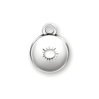 Sunshine Domed Message Charm made of sterling silver, featuring a sun design with rays on a domed surface.