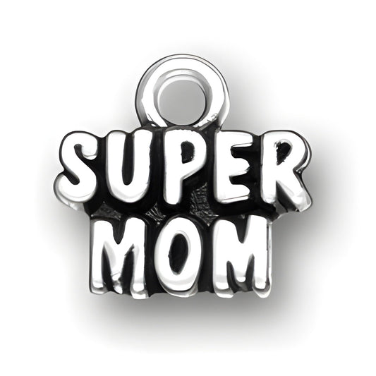 Super Mom Charm made of sterling silver, featuring bold, raised lettering in a playful font.
