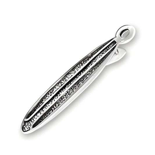 Surfboard charm made of sterling silver, featuring detailed texture and a loop for attachment.