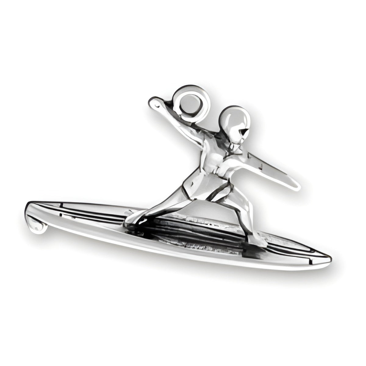 Surfer Charm by Charm Factory, crafted from polished silver, depicting a surfer riding a wave on a surfboard.