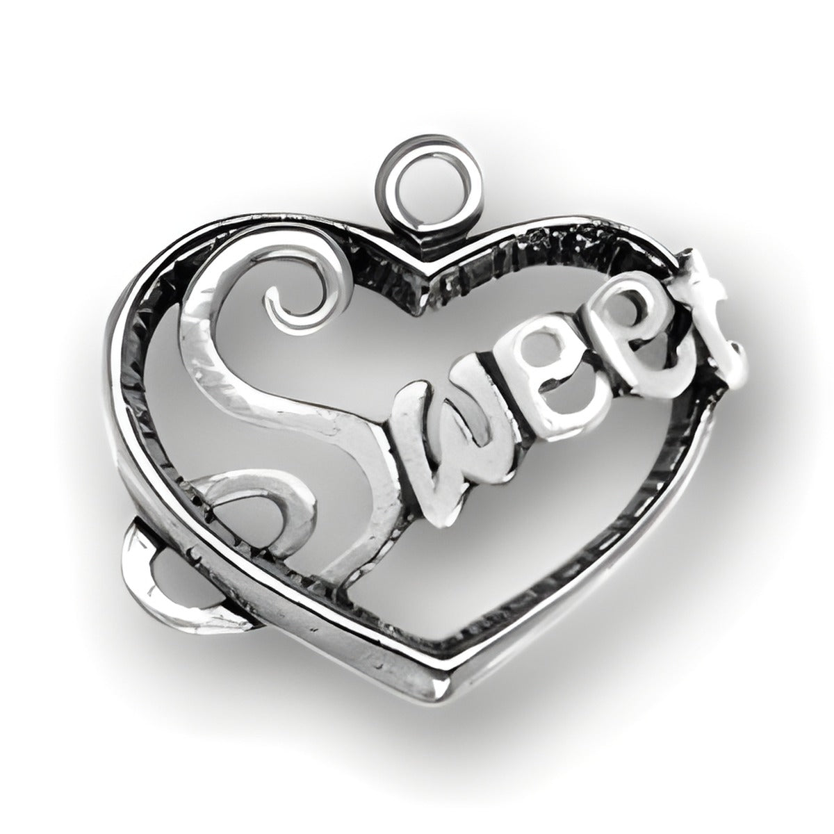 Sweetheart Charm by Charm Factory, made of silver, features a heart shape with the word 'Sweet' in an elegant font.
