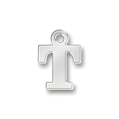 T Letter Charm made of sterling silver, featuring a polished finish and a circular loop for attachment.
