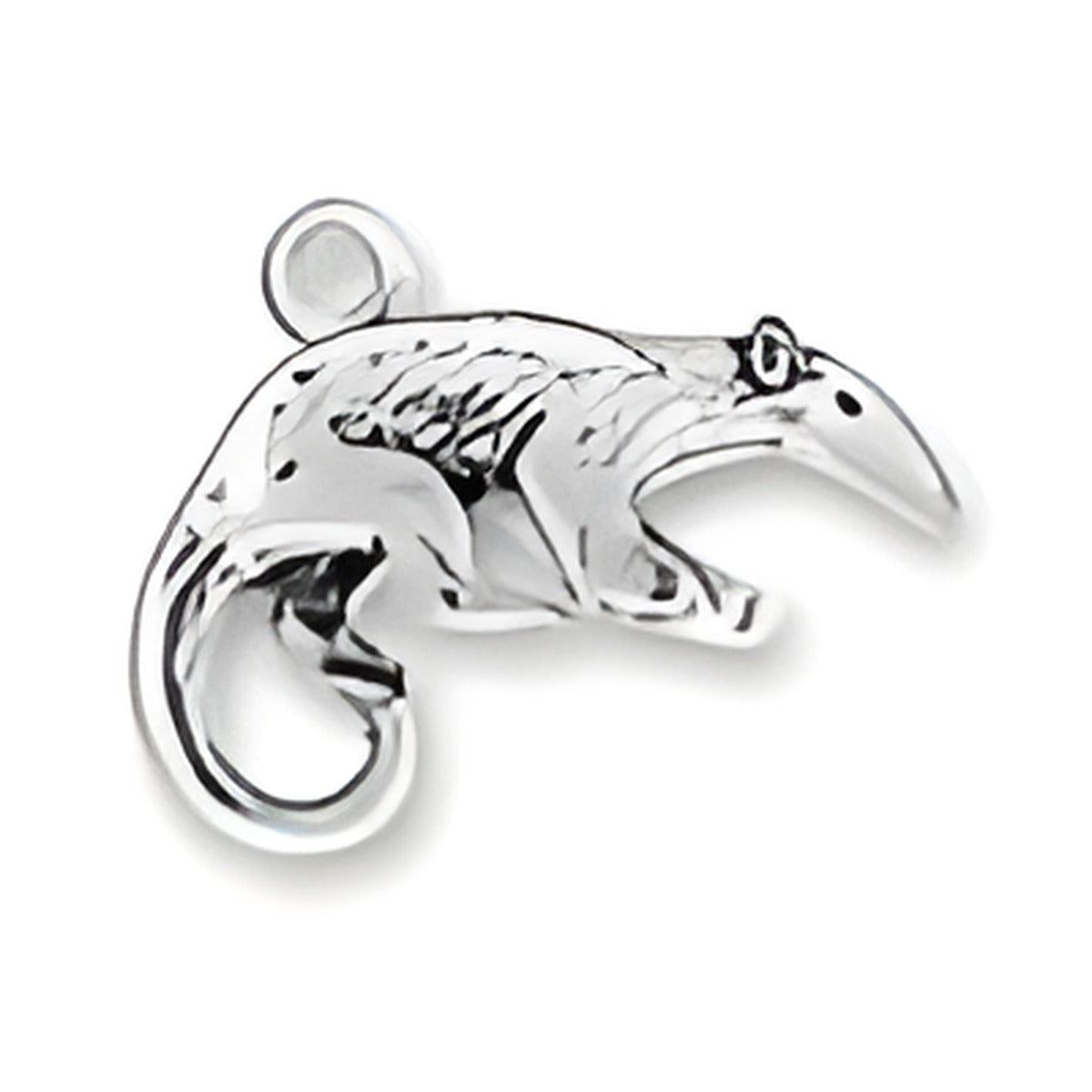 Tamandua Anteater Charm made of polished silver, featuring detailed design of the anteater in a dynamic pose.