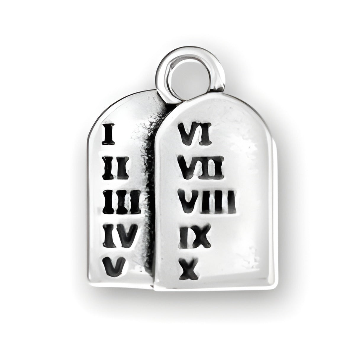 Ten Commandments Charm made of sterling silver, featuring two tablets with engraved Roman numerals I-X.