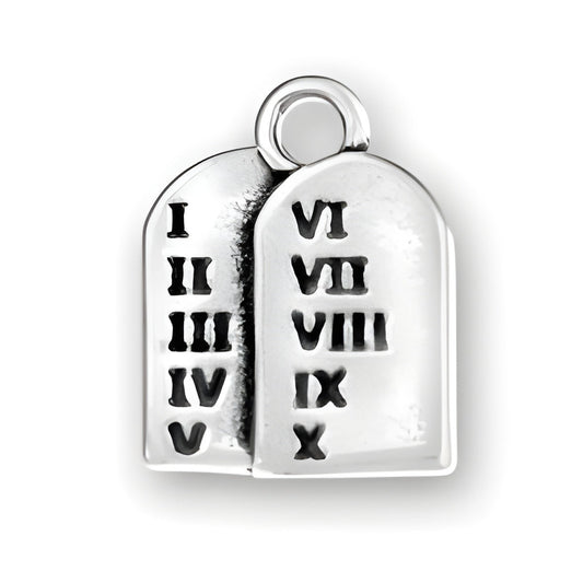 Ten Commandments Charm made of sterling silver, featuring two tablets with engraved Roman numerals I-X.