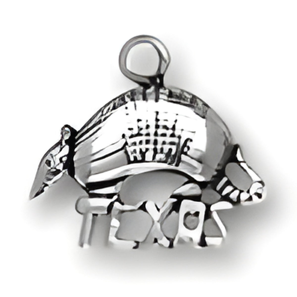Texas Armadillo Charm made of silver, featuring detailed engraving and the word 'Texas' incorporated in the design.