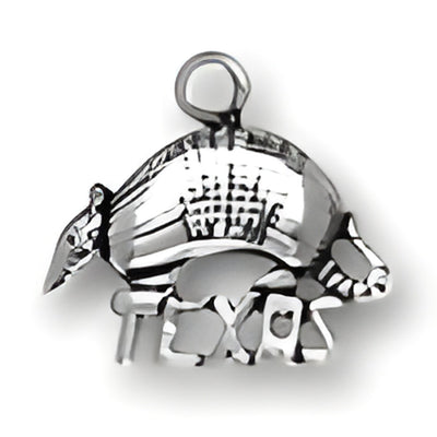 Texas Armadillo Charm made of silver, featuring detailed engraving and the word 'Texas' incorporated in the design.