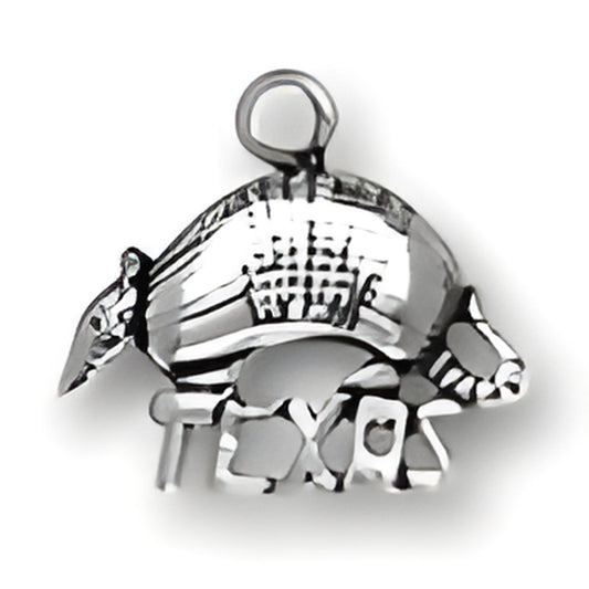 Texas Armadillo Charm made of silver, featuring detailed engraving and the word 'Texas' incorporated in the design.