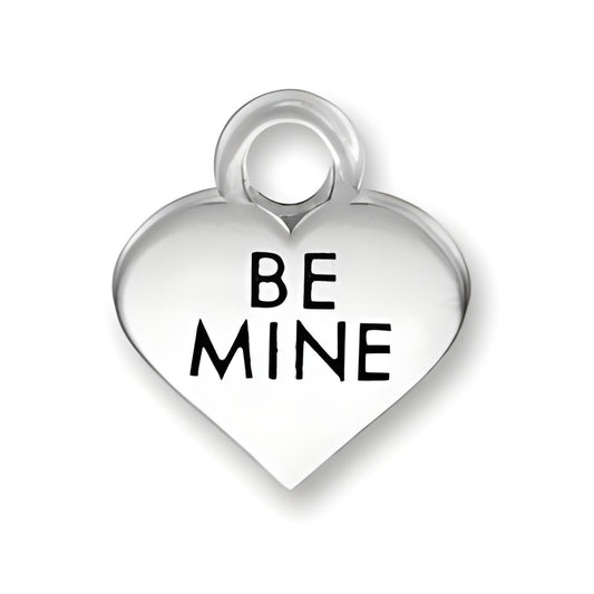Thin Be Mine Heart Charm made of sterling silver, featuring the engraved words 'BE MINE' on a heart-shaped design.