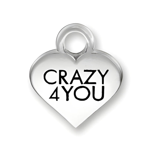 Thin Crazy 4 You Heart Charm, made of silver, features the text 'CRAZY 4 YOU' in bold black lettering.
