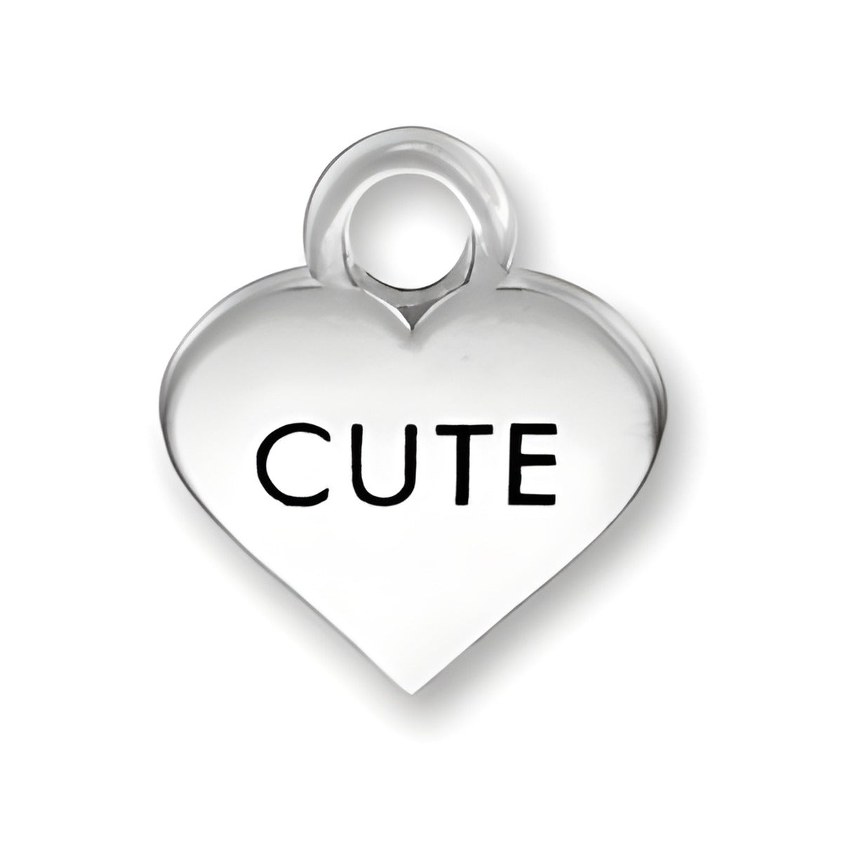 Thin Cute Heart Charm by Charm Factory, made of polished silver with the word 'CUTE' engraved in black.