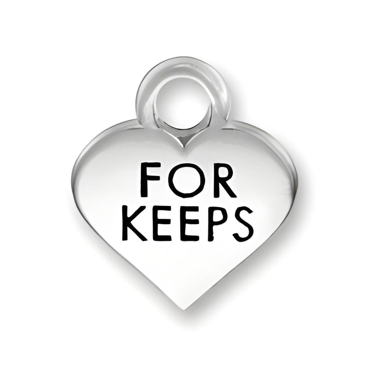 Thin For Keeps Heart Charm by Charm Factory, made of polished silver with engraved text 'FOR KEEPS'.