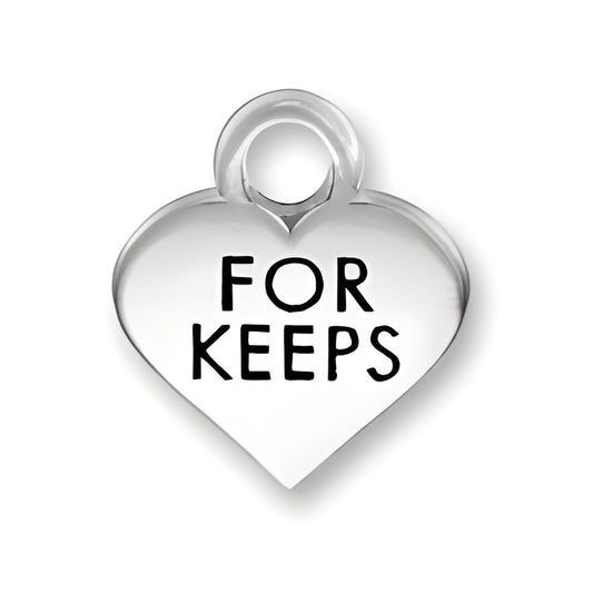 Thin For Keeps Heart Charm by Charm Factory, made of polished silver with engraved text 'FOR KEEPS'.