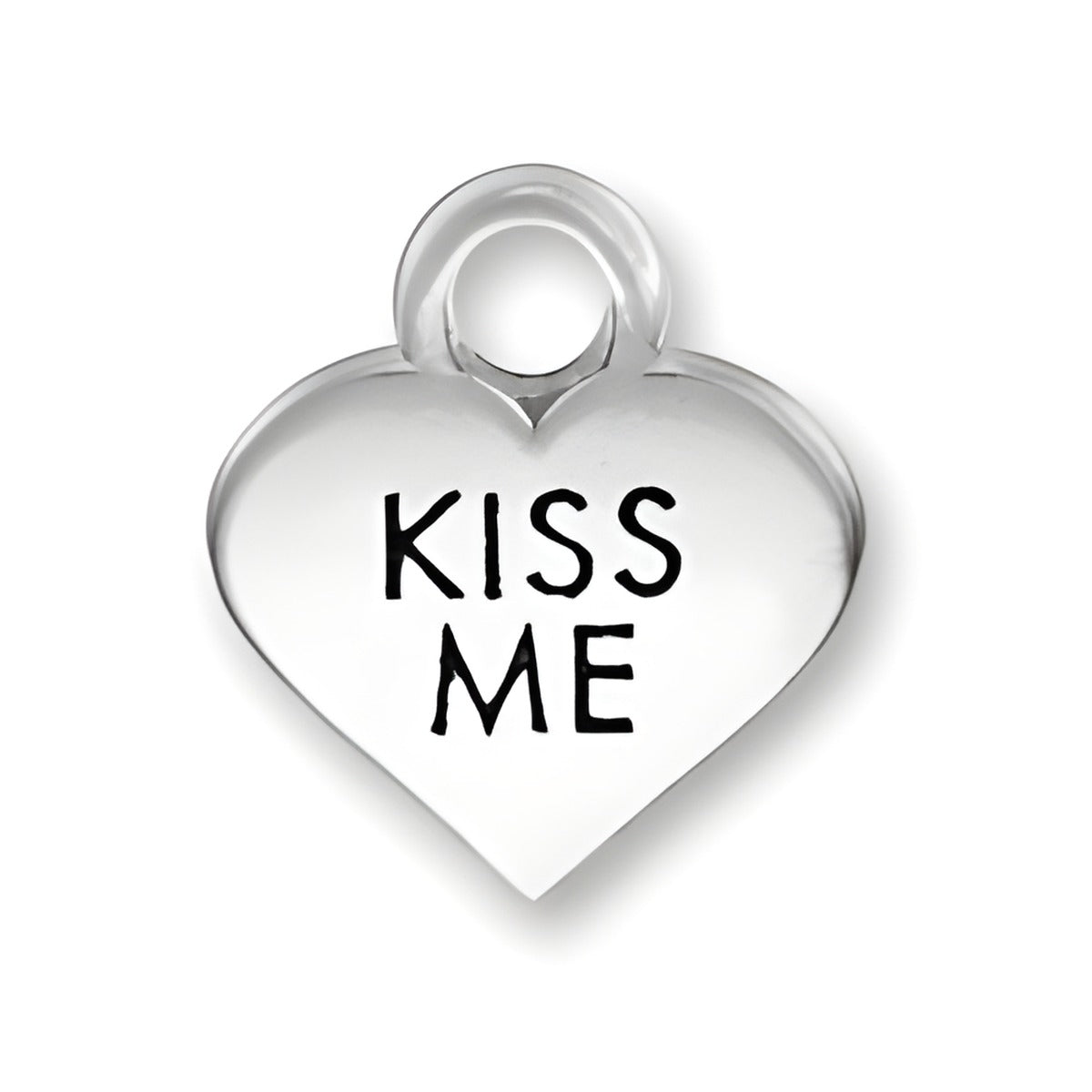 Thin Kiss Me Heart Charm by Charm Factory, made of polished silver with 'KISS ME' engraved in bold letters.