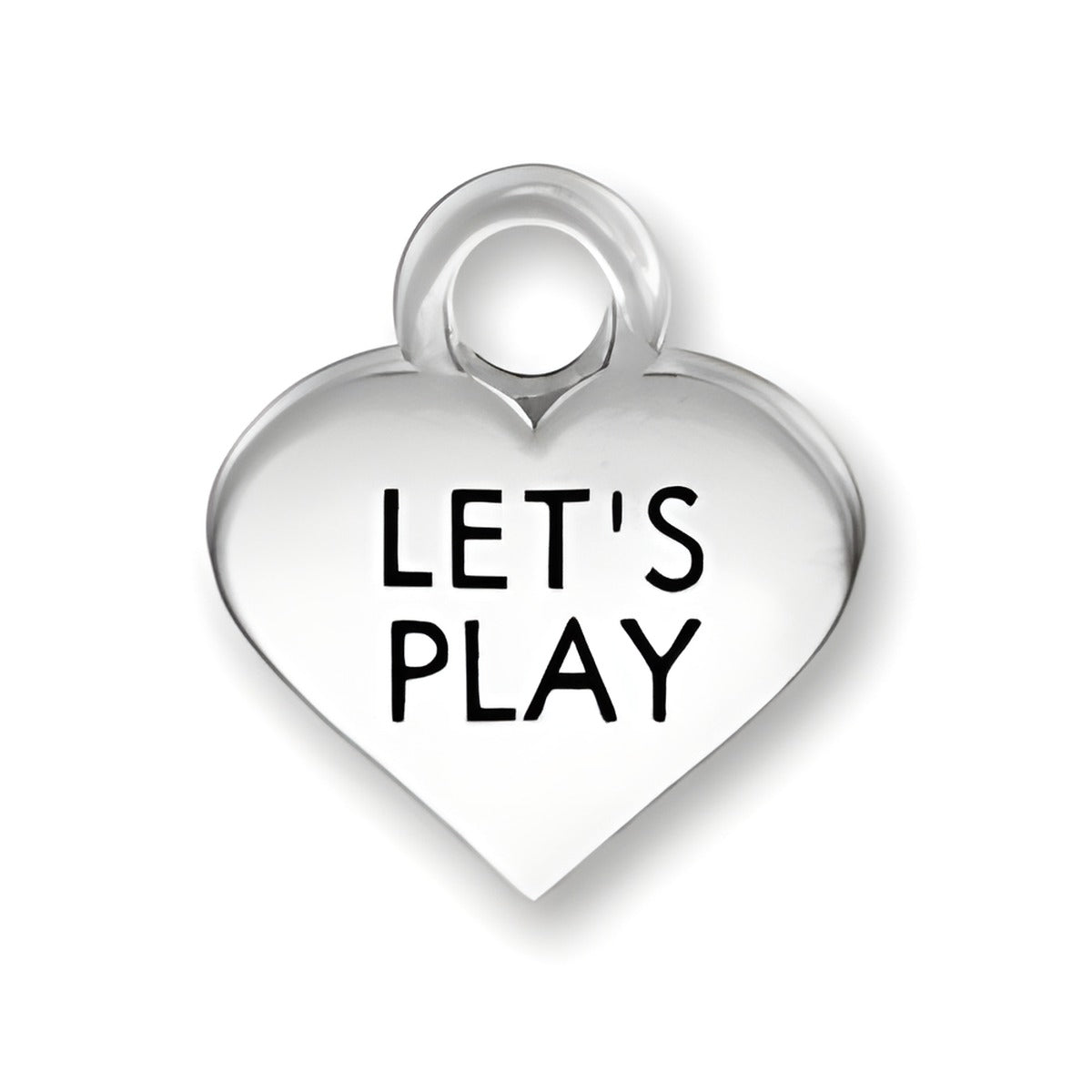 Thin Let's Play Heart Charm made of polished silver, featuring the engraved text 'LET'S PLAY' in bold black letters.